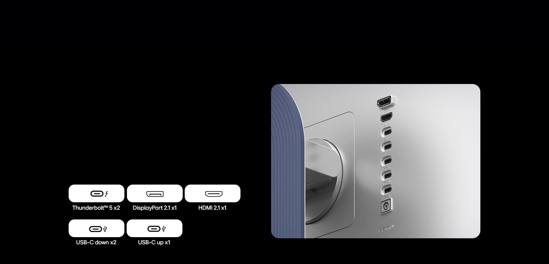 Close-up image of UltraFine monitor's ports to show the various cable connectivity it has.