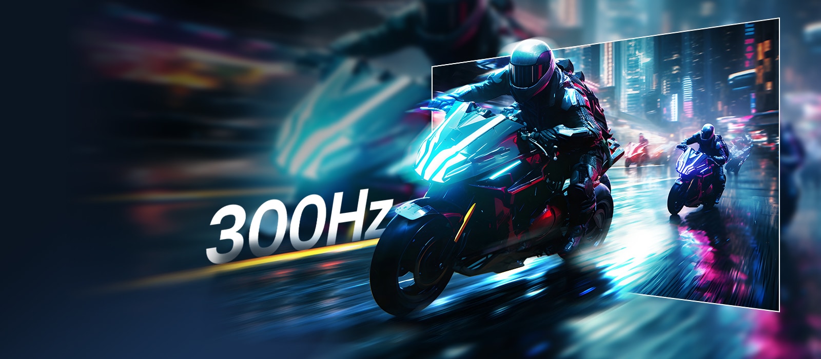 Motorcycle racing scene illustrating the UltraGear™ 27G640A’s 300Hz refresh rate for fluid, crystal-clear gaming motion.