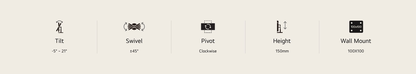 Tilt, swivel, pivot, height adjustable icons, and 100x100 wall mount icon.