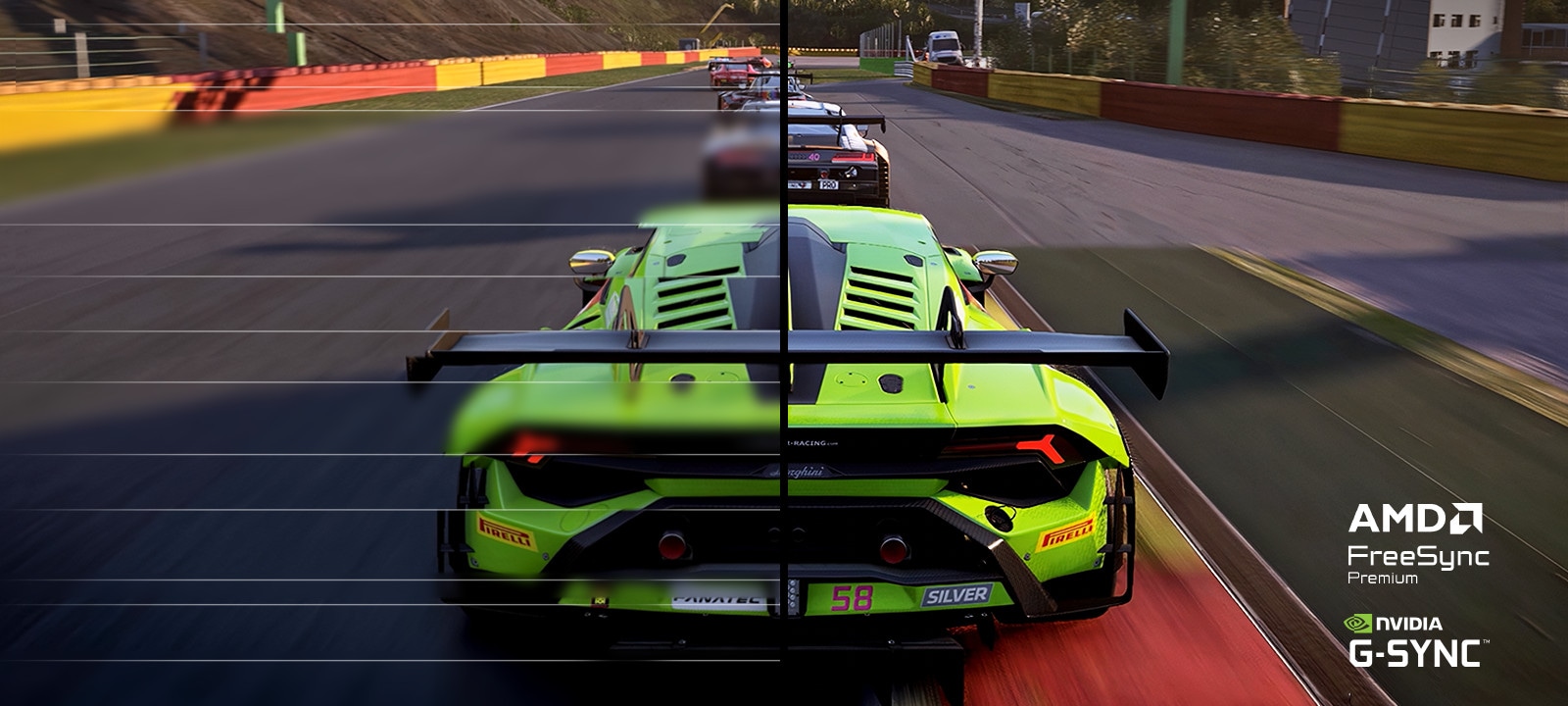 Image of a green car racing on a track. 