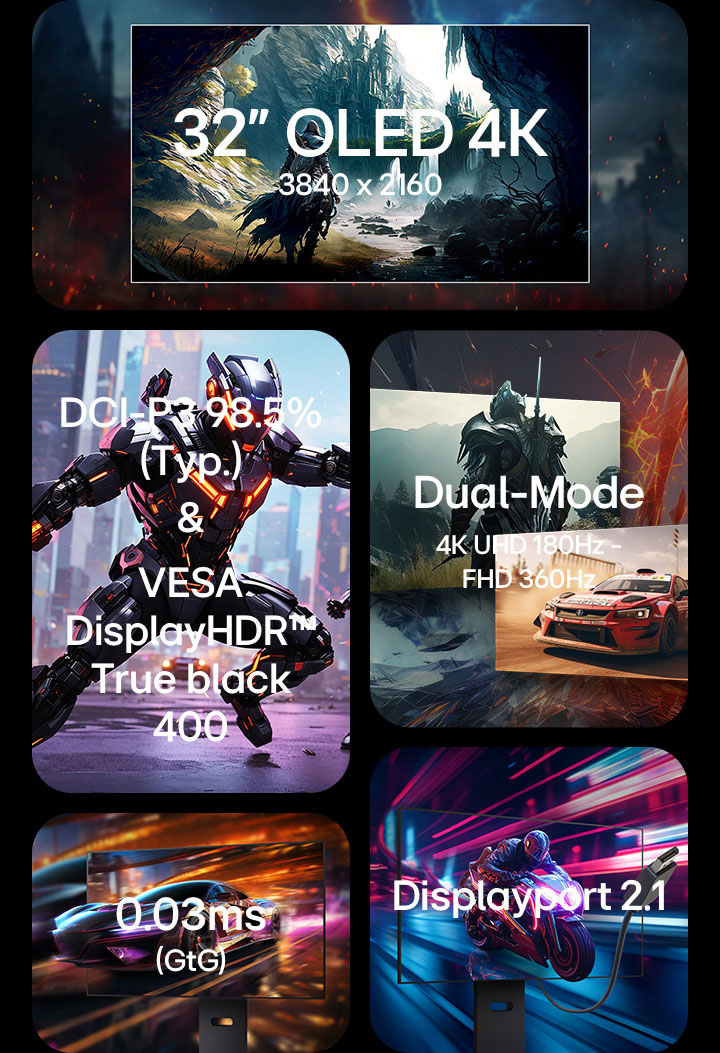 Five gaming monitor features displayed in a collage layout. Top left shows a fantasy game scene with the label "32'' OLED 4K 3840x2160." Top right shows futuristic warriors fighting under the text "DCI-P3 98.5% (Typ.) & VESA DisplayHDR™ True Black 400." Bottom left highlights "Dual-Mode 4K UHD 240Hz – FHD 480Hz" with a split fantasy scene. Bottom center displays "0.03ms (GtG)" over a high-speed racing image. Bottom right features "DisplayPort 2.1" over a motorbike racing graphic.	