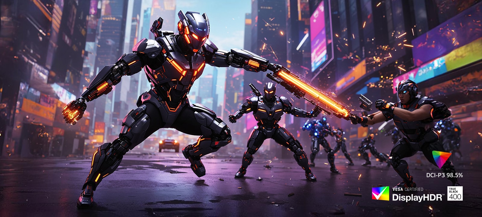 Futuristic armored warriors battling with energy weapons in a neon-lit city.	