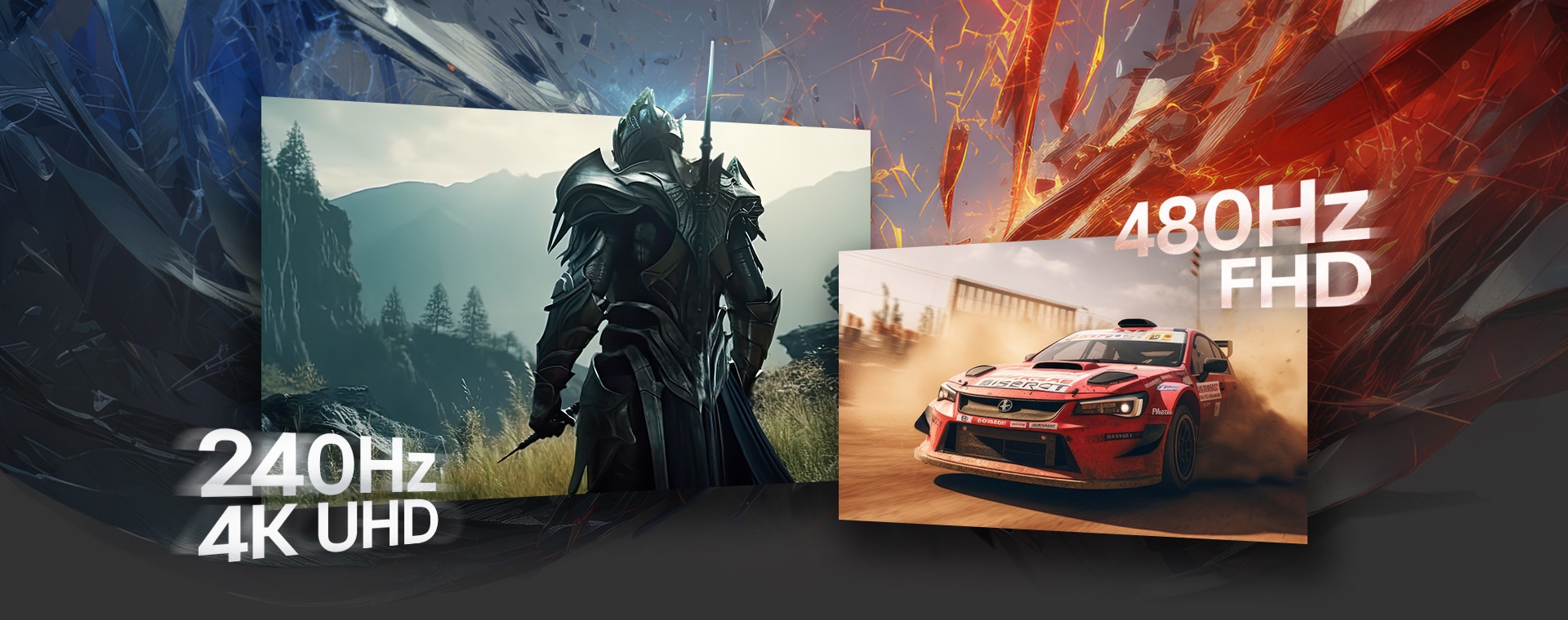 Dual-mode gaming display showcasing two visual modes: on the left, a dark-armored knight stands in a misty forest environment under the label "240Hz 4K UHD"; on the right, a red rally car speeds through a dusty racetrack under the label "480Hz FHD." The background blends cool and warm tones to emphasize high refresh rate versatility.	