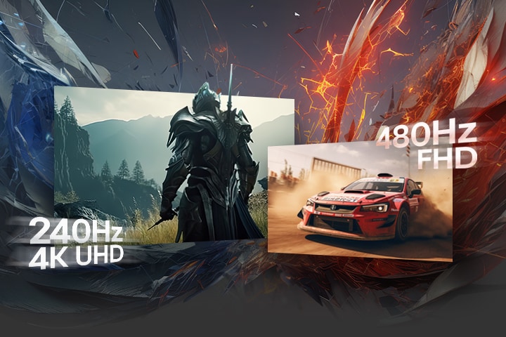 Dual-mode gaming display showcasing two visual modes: on the left, a dark-armored knight stands in a misty forest environment under the label "240Hz 4K UHD"; on the right, a red rally car speeds through a dusty racetrack under the label "480Hz FHD." The background blends cool and warm tones to emphasize high refresh rate versatility.	