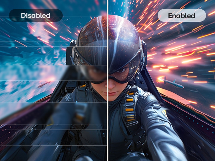Image shows a split-screen comparison of gaming visuals with synchronization technology disabled on the left and enabled on the right. On the left, the pilot’s view from a futuristic jet is distorted with tearing and stutter, while on the right the same scene appears smooth and fluid with bright motion trails. The header reads “Certified with a widely adopted technology,” highlighting AMD FreeSync™ Premium and NVIDIA® G-SYNC® Compatible certification.	
