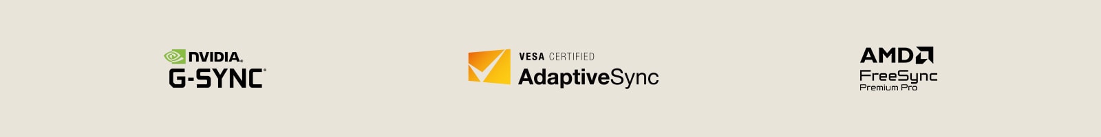 A horizontal banner displaying three gaming synchronization certifications from left to right: NVIDIA G-SYNC, VESA Certified AdaptiveSync, and AMD FreeSync Premium Pro. The image highlights compatibility with multiple adaptive sync technologies for smoother gameplay.	