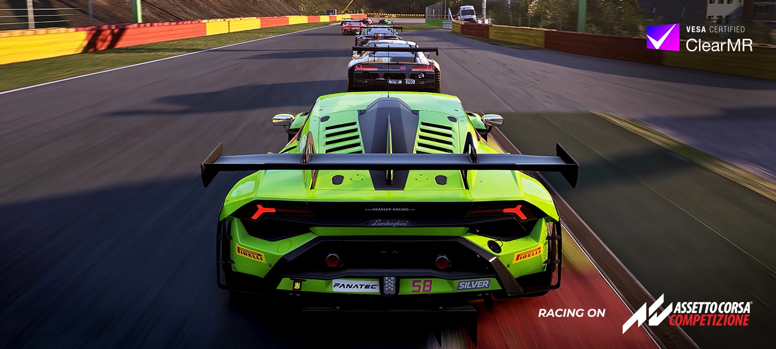 A racing game scene showing a bright green sports car leading on a track, with multiple cars following behind under the AMD FreeSync Premium feature.	