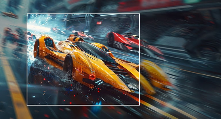 A yellow racing car is shown speeding forward on the screen, with the inside of the white square box being clearly expressed and the outside being blurred.