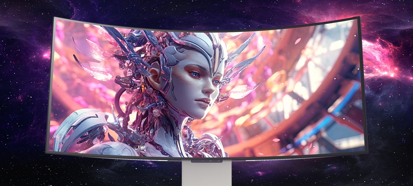 An animated video transitioning from a front view to a top view of a curved monitor.