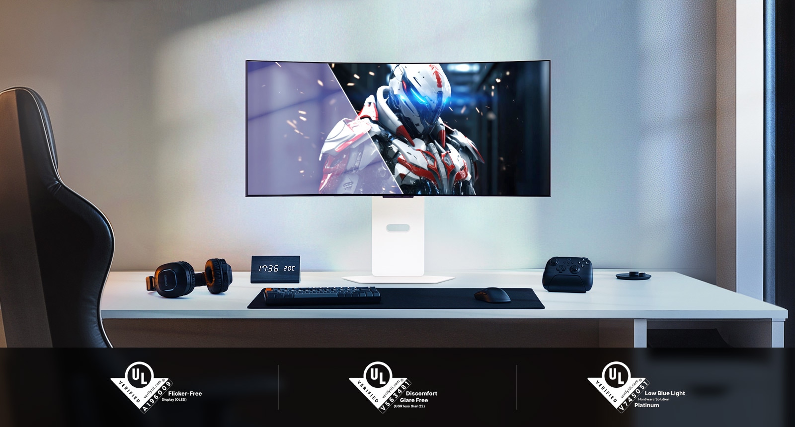 Curved gaming monitor showing a robot character in a futuristic setting, with UL certifications below.