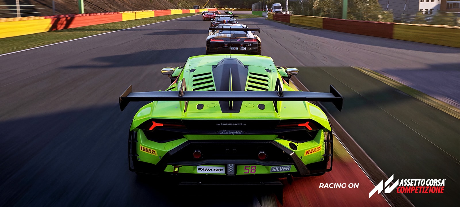 Image of a green car racing on a track. 