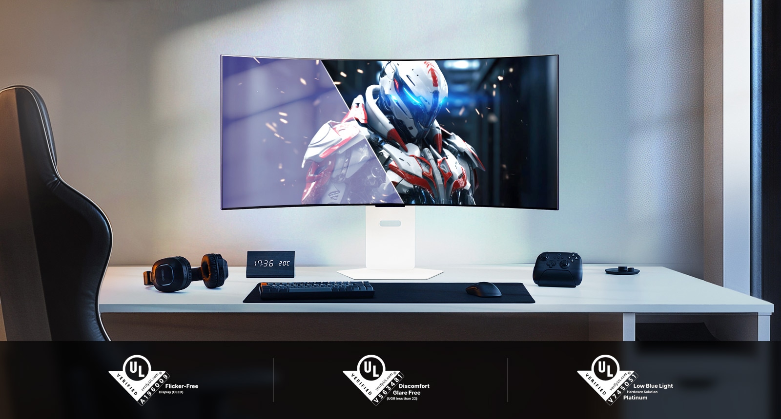 Curved gaming monitor showing a robot character in a futuristic setting, with UL certifications below.