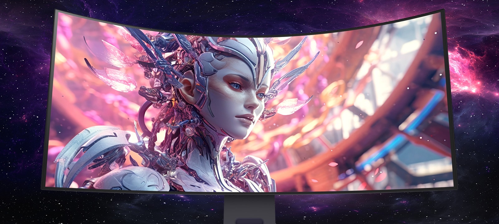 An animated video transitioning from a front view to a top view of a curved monitor.