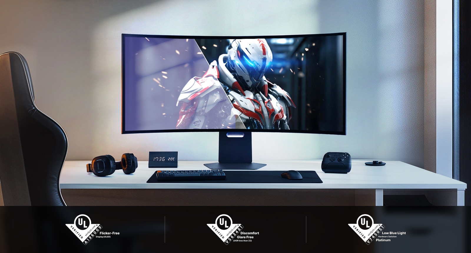 Curved gaming monitor showing a robot character in a futuristic setting, with UL certifications below.