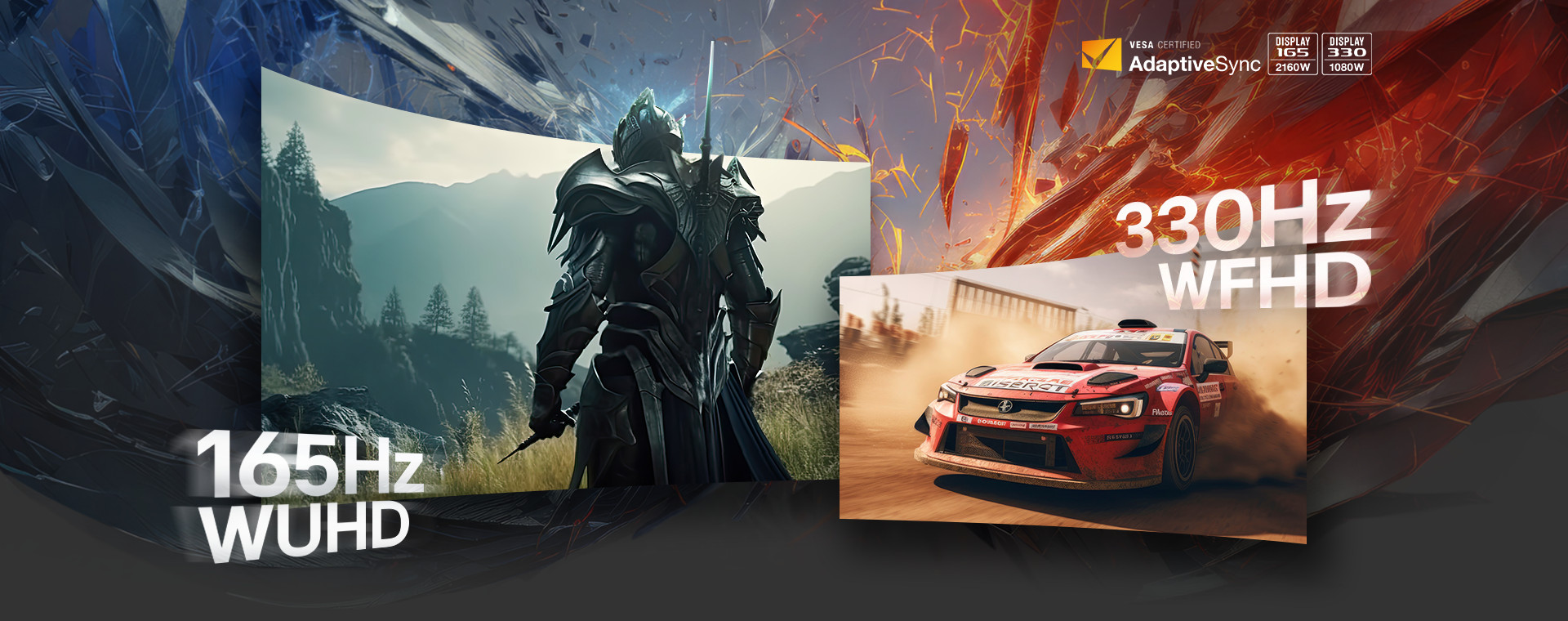 Knight and race car showcasing 165Hz WQHD and 330Hz WFHD.