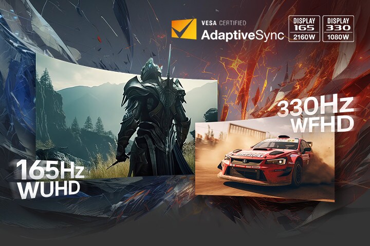 Knight and race car showcasing 165Hz WQHD and 330Hz WFHD.