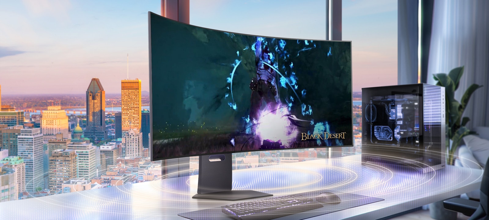 This animated video shows sound waves coming from the bottom of the monitor and the connection of a 4-pole headphone.