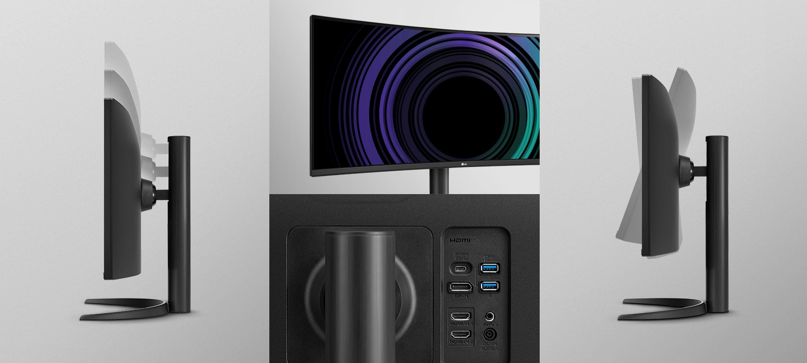 Image showing 3-side Virtually Borderless, One Click Stand, Height, and Tilt view of the monitors.