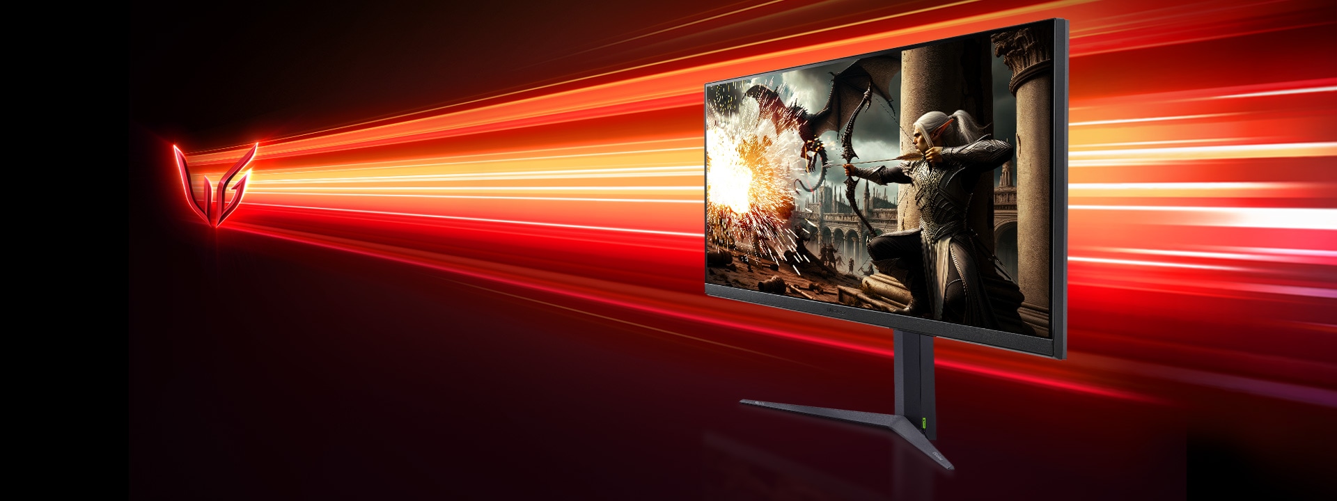 Side view of a monitor with a gaming archer character on the screen image.	