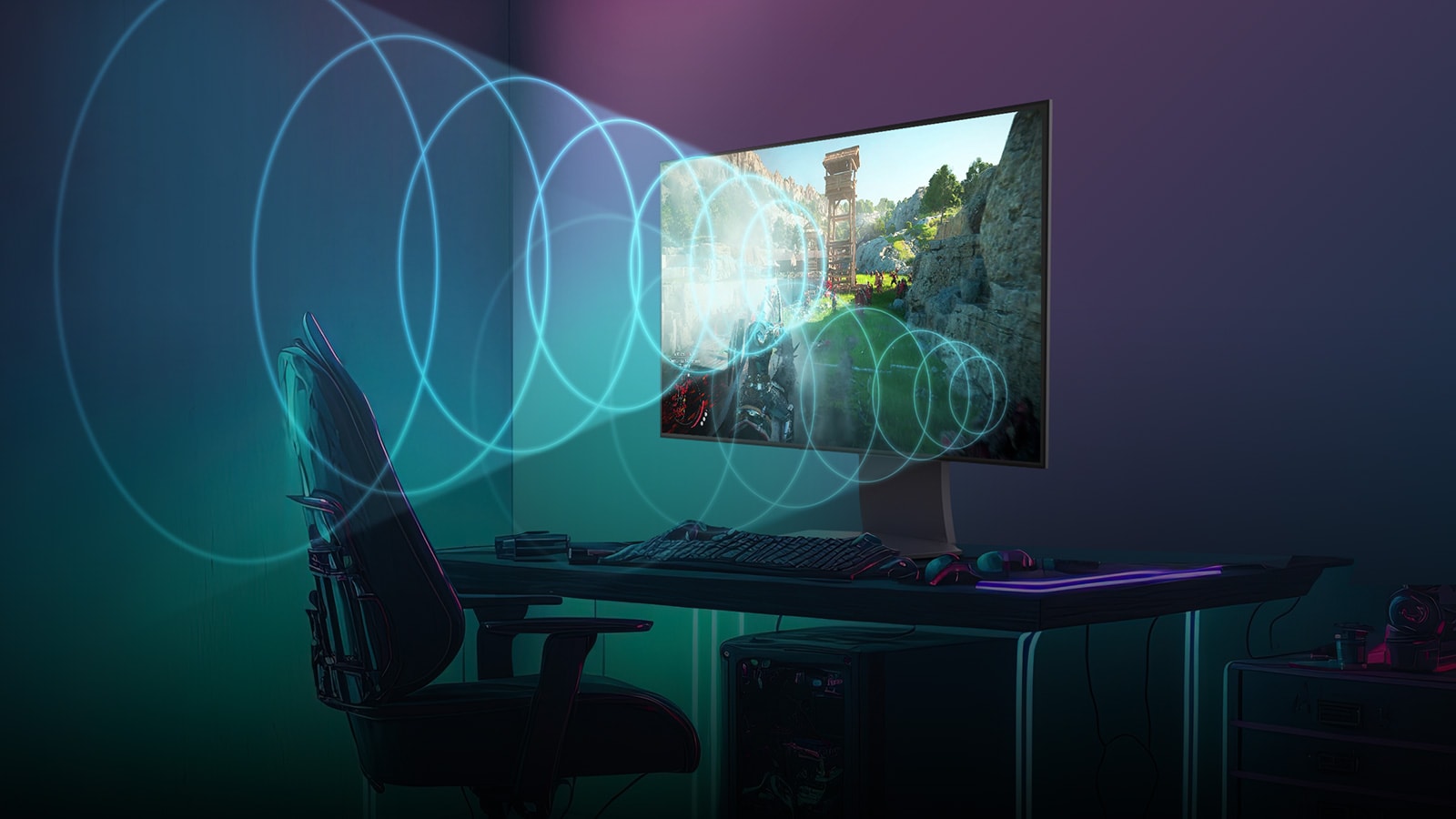 The video shows the sound is from the display itself, and the sound moves as each pixel of the image moves.	