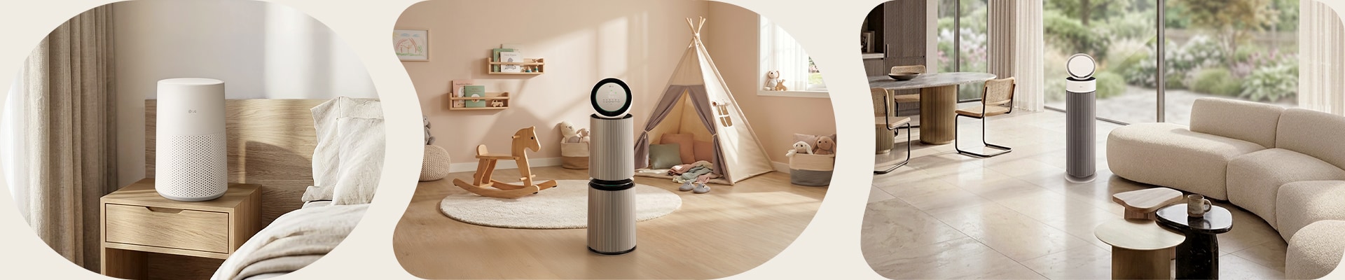 Shows air purifiers placed in a bedroom, children's room, and living room to suit different home spaces.