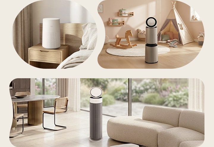 Shows air purifiers placed in a bedroom, children's room, and living room to suit different home spaces.