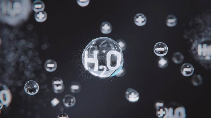 A floating H2O water molecule surrounded by positive and negative ions released by an air purifier's Ionizer.