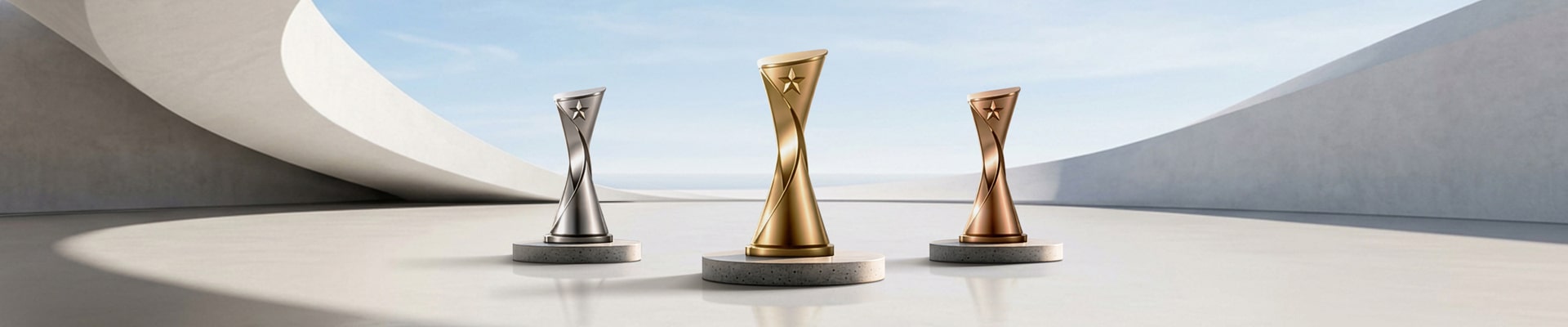 Three award trophies displayed on circular pedestals in a bright, modern architectural setting