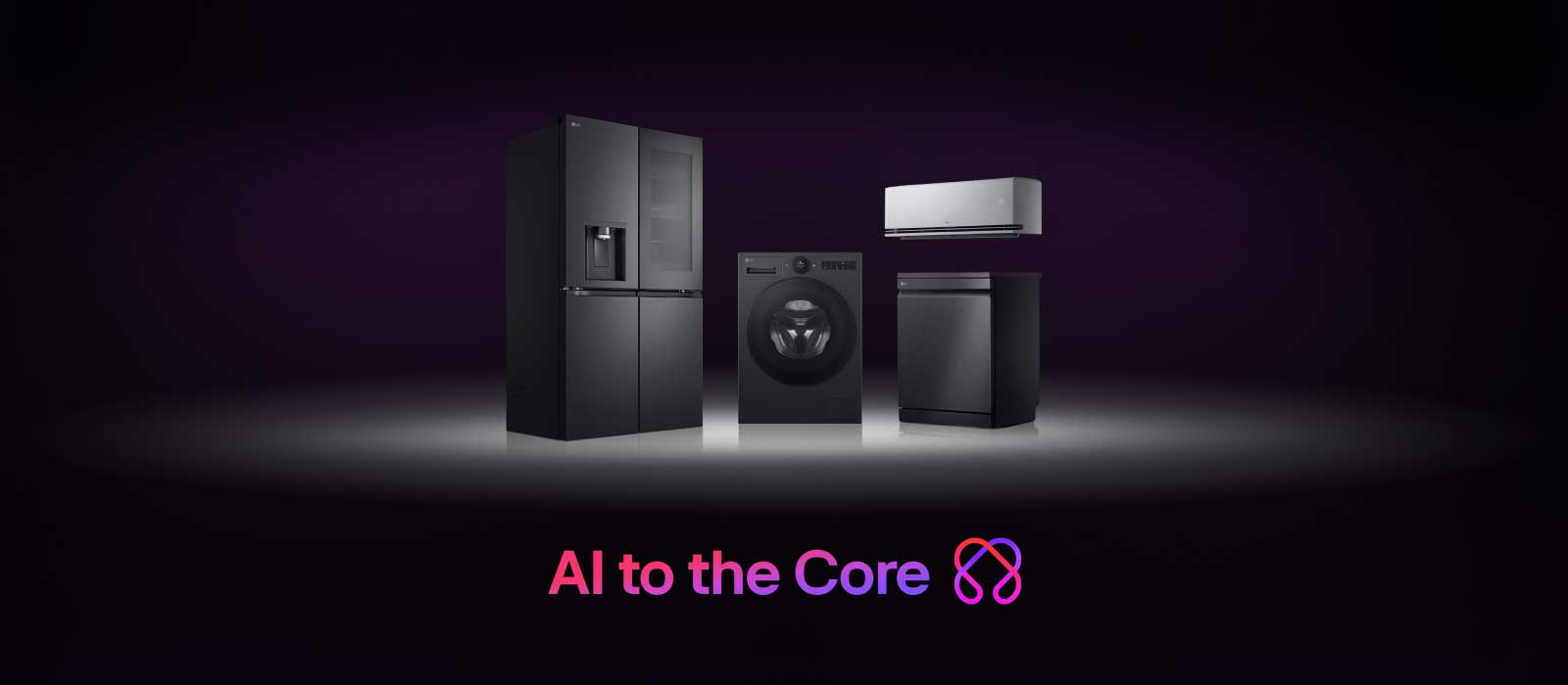 The LG refrigerator, washing machine, air conditioner, and dishwasher are centered  with subtle lighting and the 3d LG AI symbol is seamlessly integrated with the product. At the bottom, "AI to the Core" text and 2d LG AI symbol are shown.