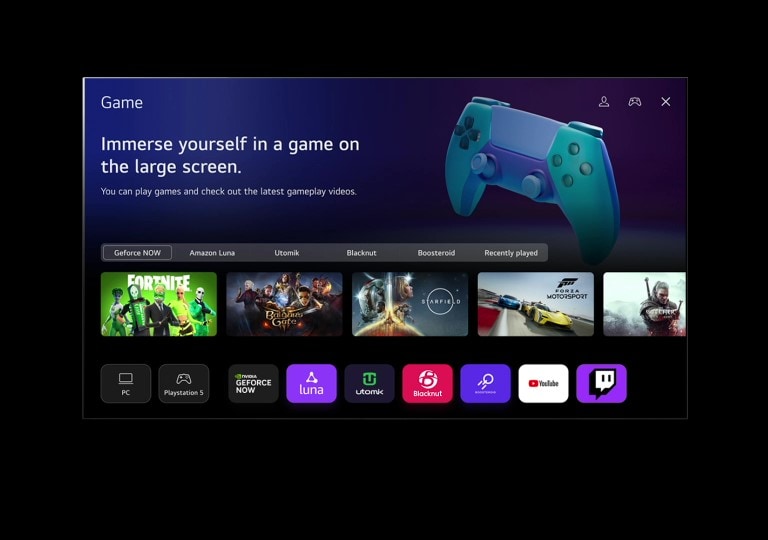 A cursor clicks on Sports and the screen fades into a Sports homepage with the text "Register your favorite team/player for more information about league standing, game schedules or any other updates," and "Popular league list." Five thumbnails are labeled as Soccer, Basketball, Baseball, Cricket, and Ice Hockey. The screen fades back, the cursor clicks on Game, and the screen fades into a Game homepage with the text "Immerse yourself in a game on the large screen. You can play games and check out the latest gameplay videos." The image shows buttons labeled GeForce NOW, Amazon Luna, Utomik, Blacknut, Boosteroid, and Recently played. The following logos are displayed: GeForce Now, Amazon Luna, Utomik, Blacknut, Boosteroid, YouTube, and Twitch.	