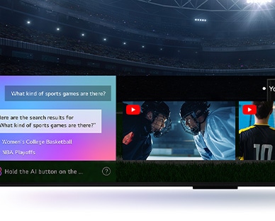 Close-up of an LG TV showing how AI Search works. A small chat window is open showing how the user asked for what sports games are available. AI Search responded via chat and by showing thumbnails of available content.
