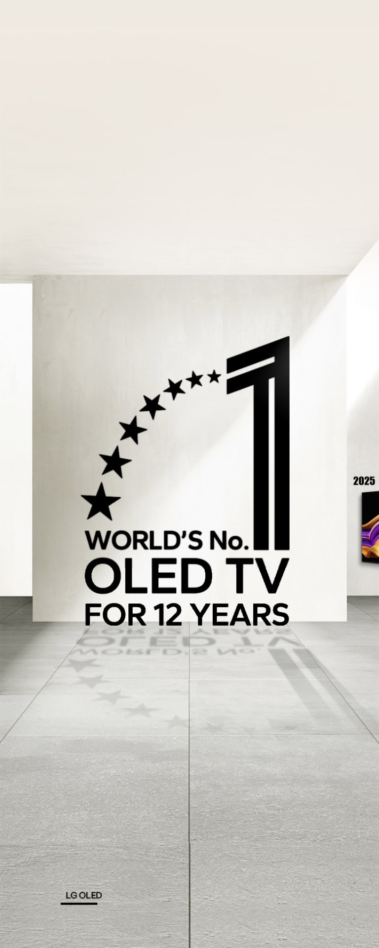 World's number 1 OLED TV for 12 years emblem is shown. Then each of the LG OLED innovations from 2013 to the present are shown with the awards each TV won. It cycles from LG's latest OLED evo G5, world's first transparent OLED, world's first rollable OLED, world's first wallpaper OLED, and the world's first 55-inch OLED TV. 