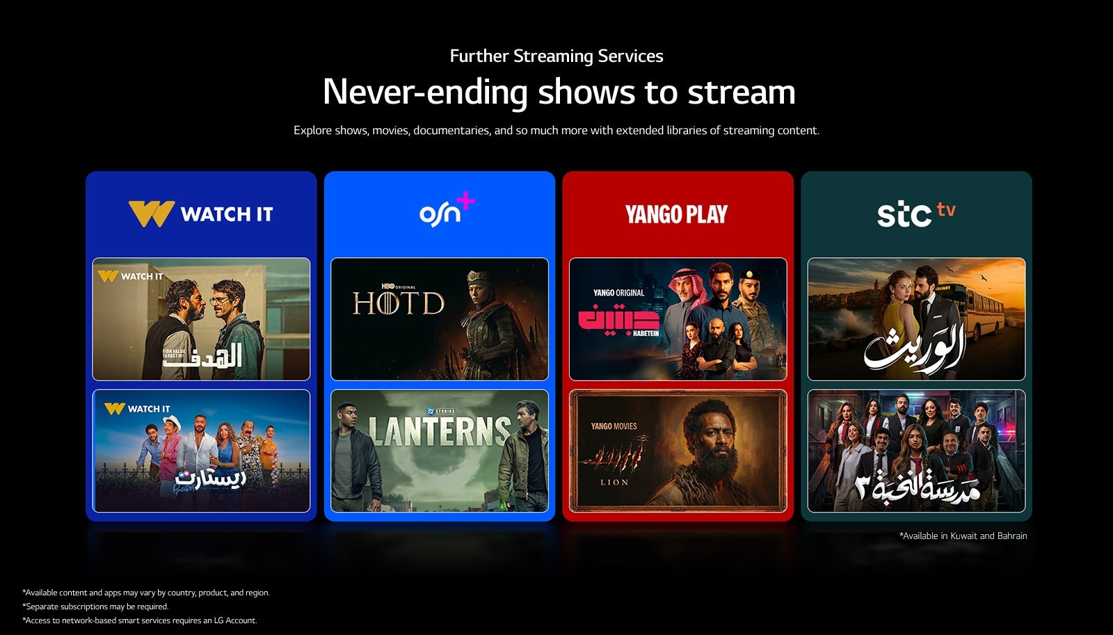 Four colored boxes featuring logos of popular streaming services with two TV show thumbnails each, illustrating a diverse selection of streaming content including shows, movies, and documentaries.