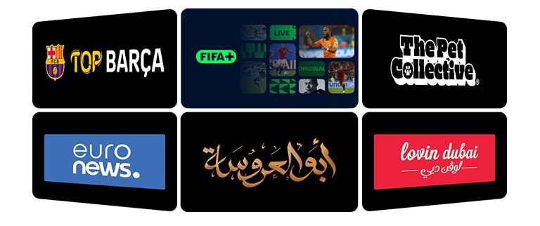 Six TV show thumbnails displayed on screen, representing a diverse selection of LG Channels, including sports, news, kids entertainment, and lifestyle programs.