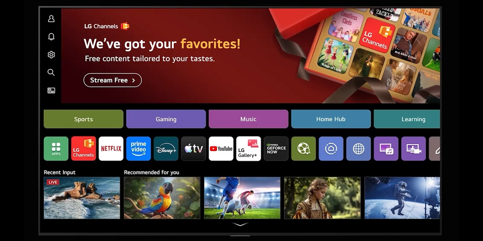 The home screen of LG Channels displays various categories on an LG TV, including 'Sports,' 'Gaming,' 'Music,' 'Home Hub,' and 'Learning,' along with sections for recommended content for viewers.