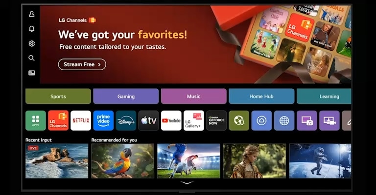 The home screen of LG Channels displays various categories on an LG TV, including 'Sports,' 'Gaming,' 'Music,' 'Home Hub,' and 'Learning,' along with sections for recommended content for viewers.