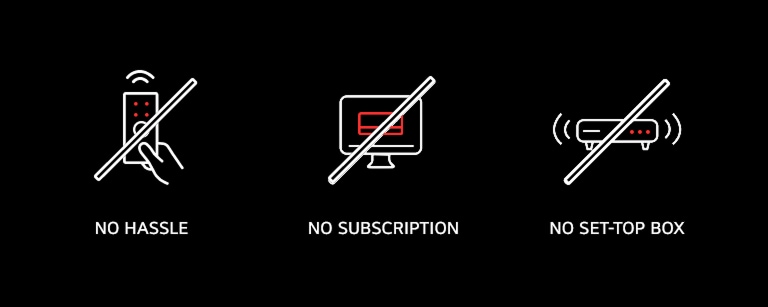 The image features three icons on a black background: a crossed-out remote labeled "NO HASSLE," a crossed-out computer labeled "NO SUBSCRIPTION," and a crossed-out set-top box labeled "NO SET-UP BOX"