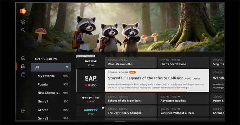 The LG Channels live TV interface features animated raccoon characters in a forest backdrop, displaying the current time and a channel guide that organizes shows along with their scheduled airtimes.