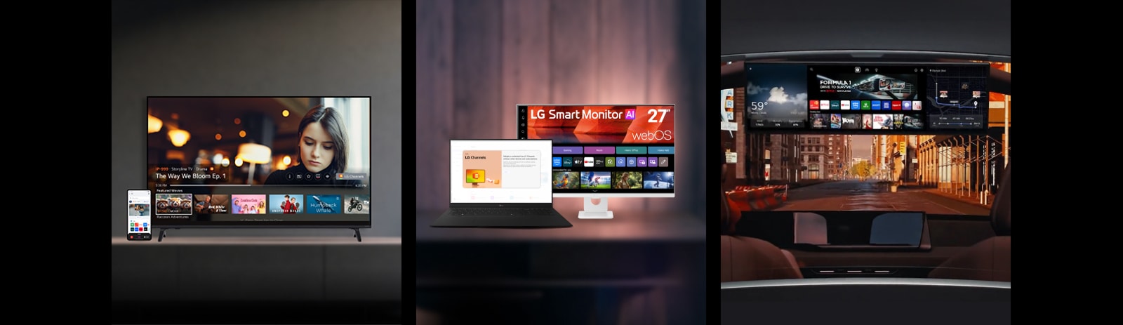 The image shows that LG Channels can be viewed across devices: the first features an LG TV and smartphone, the second an LG Smart Monitor with a laptop, and the third an auto device in a car.
