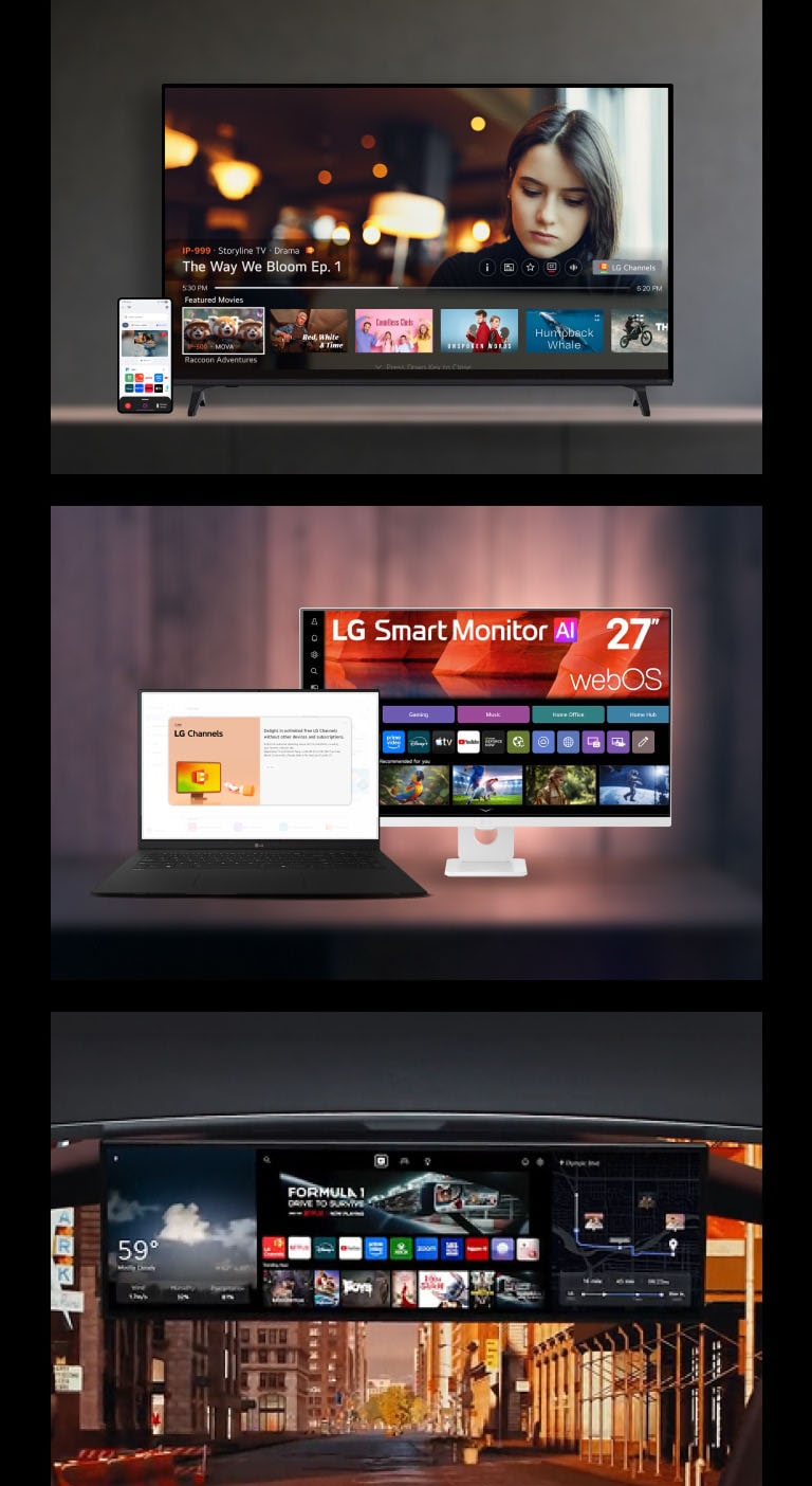 The image shows that LG Channels can be viewed across devices: the first features an LG TV and smartphone, the second an LG Smart Monitor with a laptop, and the third an auto device in a car.