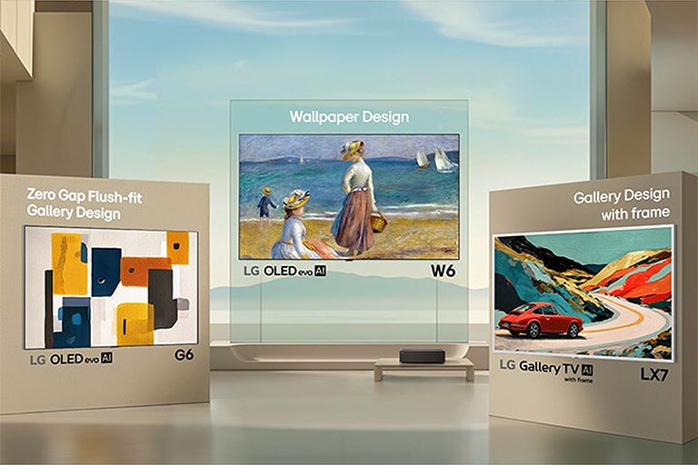 LG Gallery TV displayed in a cozy living room, featuring a slim white TV frame and showcasing artwork on screen, blending seamlessly into the interior like a framed gallery piece.