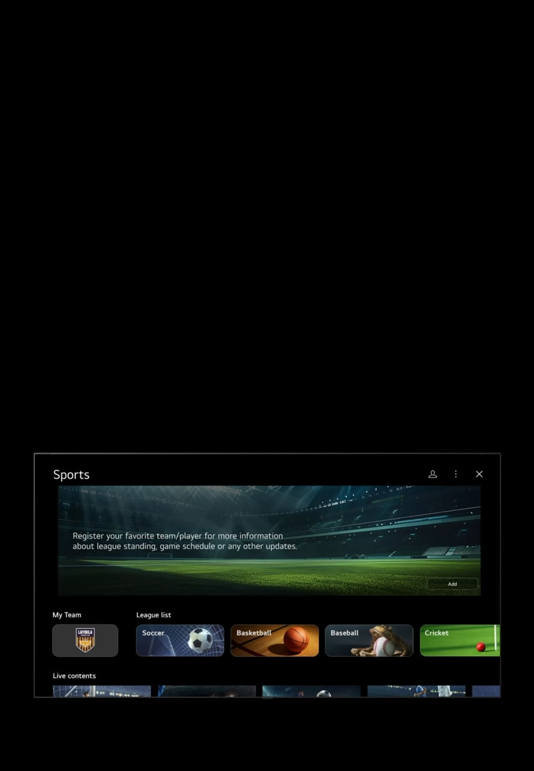 LG TV settings screen showing the Sports Portal interface. The “My Team” section dynamically expands and collapses, followed by smooth scrolling down through various selectable sports channels and content.