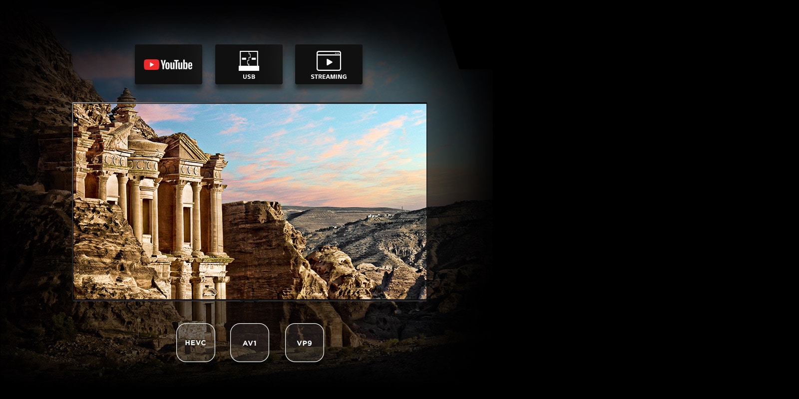 TV screen with view of ancient architecture