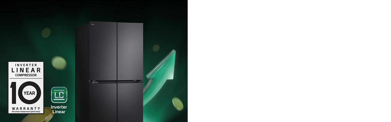 Refrigerator in front of rising arrows and piling coins