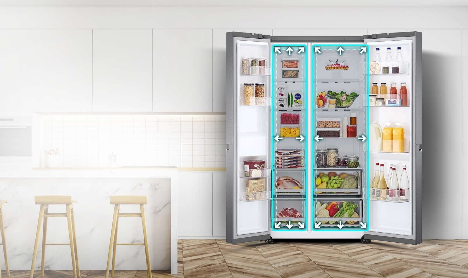 A video begins with the front view of the refrigerator with both doors wide open. The interior spaces are outlined in a neon lines and arrows begin to push the lines out to show that there is now more space inside. The neon square around the interior spaces flashes to show the difference between the new space and the old smaller space which is now outlined in a dotted white line.