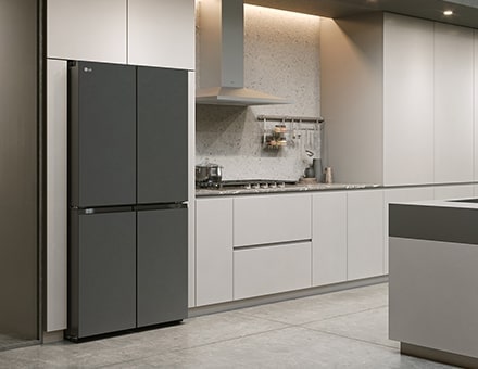 Modern kitchen interior with InstaView fridge.