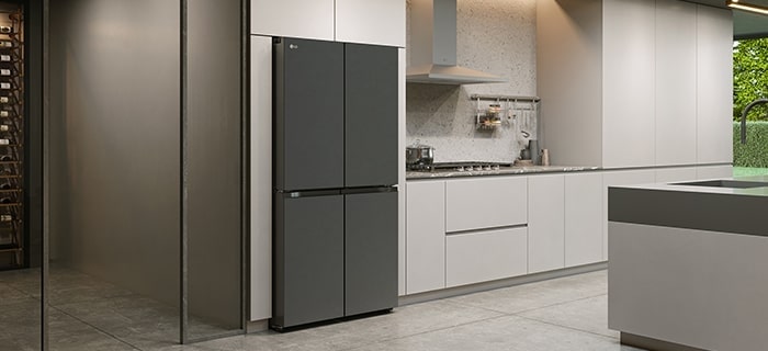 Modern kitchen interior with InstaView fridge.