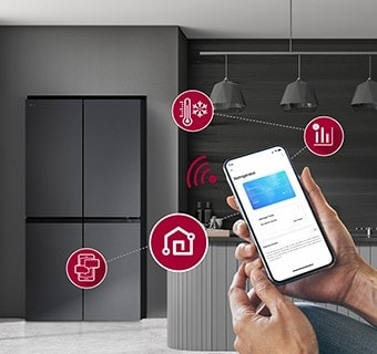 Modern kitchen interior with InstaView fridge.