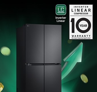 Refrigerator in front of rising arrows and piling coins