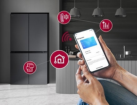 Modern kitchen interior with InstaView fridge.